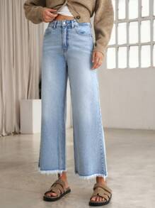 RueChic RAW HEM WIDE LEG MID WAIST JEANS - Medium Wash - View 4