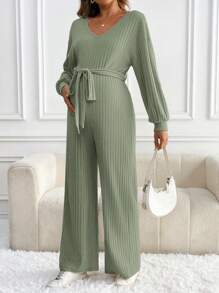 SHEIN Pregnant Women Casual Solid Color V-Neck Dropped Shoulder Loose Waist-Tie Long Sleeve Jumpsuit, Jumpsuit, Spring Autumn, For Maternity - Green - View 4