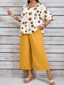 EMERY ROSE Plus Size 2pcs Set - Allover Print Short Sleeve Crew Neck Top And Pants, Casual Outfit