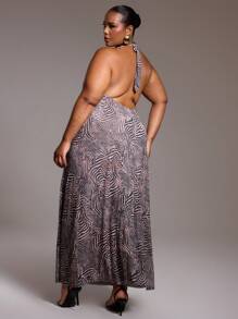 MUSERA 大码雪纺斑马纹垂褶露背系带长裙，适合外出、性感、夜店、派对、约会、度假、锐舞派对、音乐会、节日等场合，飘逸百搭，新年必备。 - 彩色 - 查看 3
