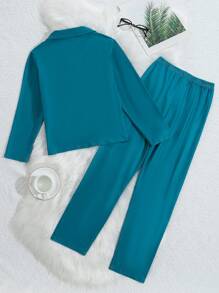 2pcs Tween Girl Lake Blue Solid Color Simple Fashion Pique Fabric Collar Long Sleeve Blouse & Casual Pants Loungewear Set - Blue - View 2