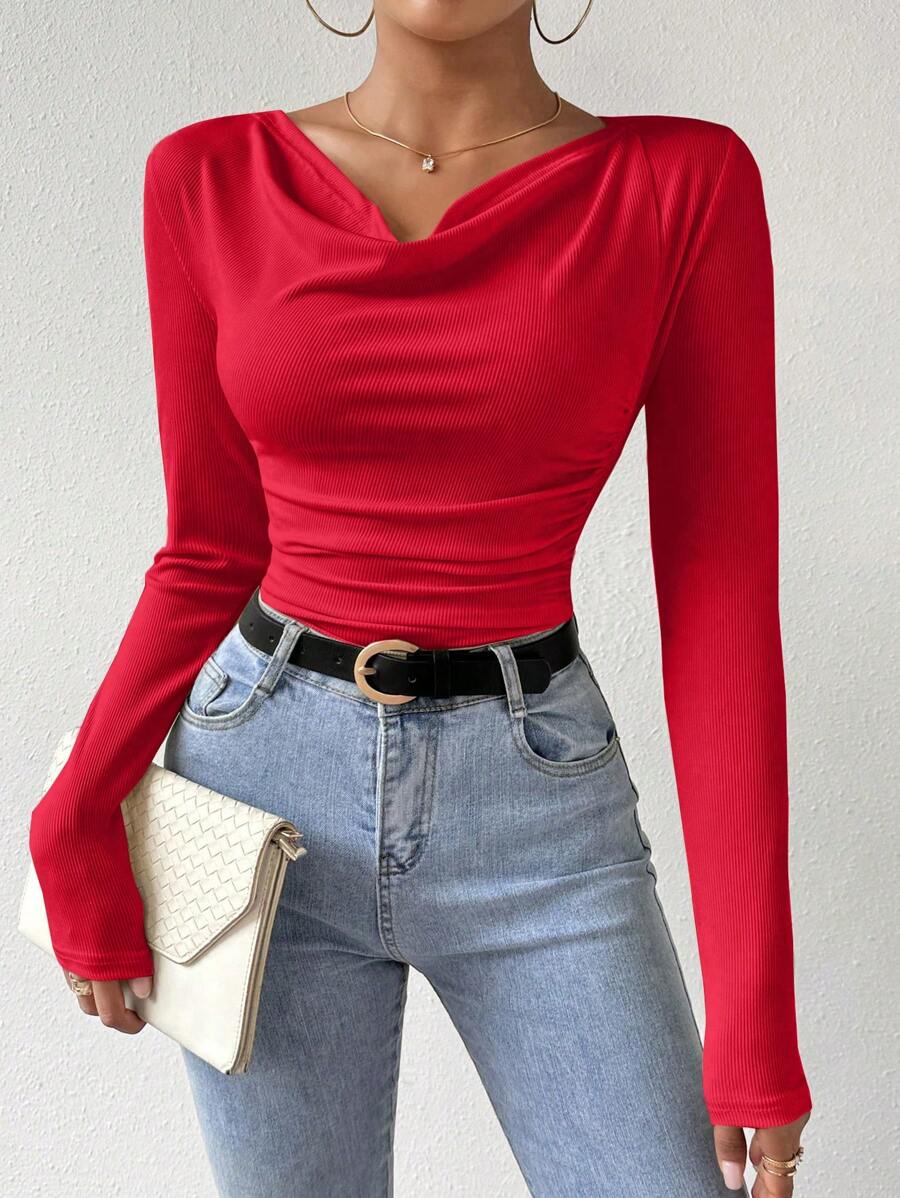 Chiquease Camiseta básica casual de manga larga de color sólido para ropa de Año Nuevo para mujeres - Rojo - Ver 1