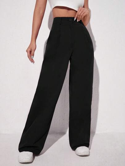 SHEIN EZwear Pantalones rectos de pierna casual y unicolor negro