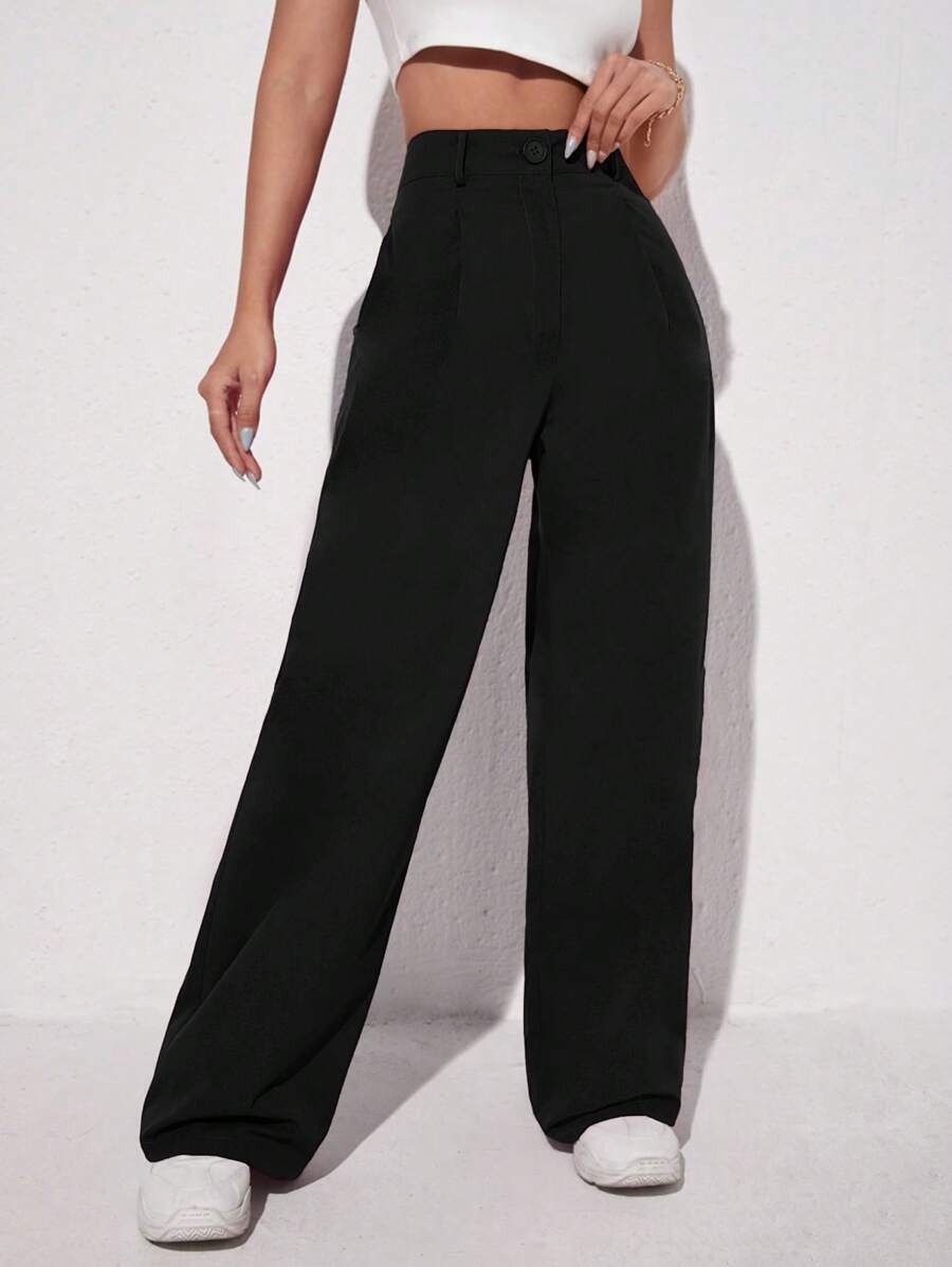 SHEIN EZwear Pantalones rectos de pierna casual y unicolor negro - Negro - Ver 1
