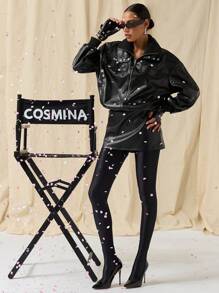 COSMINA 女士时尚拉链前半襟收腰 PU 皮革连衣裙，适合秋季 - 黑色 - 查看 5