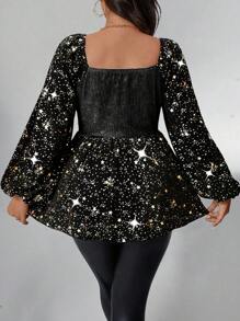 Allurite Plus Size Knitted Textured Fabric With Star Metallic Stamping, Cute Women Top - Black - View 2
