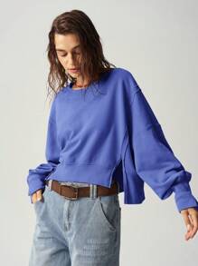 Bohemela 1pc Women Solid Color Side Slit Crew Neck Pullover Sweatshirt, Suitable For Autumn,Long Sleeve Tops - Blue - View 4