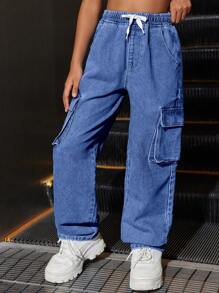 Tween-Mädchen Cooles Set aus Federmäppchen und Hose aus Denim im Used-Look