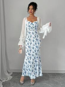 Rafferiza Ditsy Floral Ruffle Splice Long Dress With Fish-Tail Hem Maxi Women Outfit Fall Cloth For Women - Blue and White - View 5
