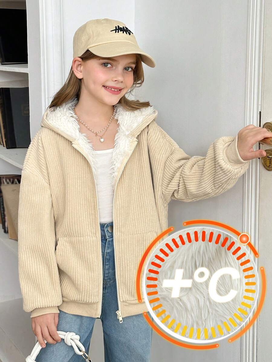 SHEIN 青少年女孩宽松休闲简约舒适保暖内衬连帽夹克，百搭 - 杏色 - 查看 1