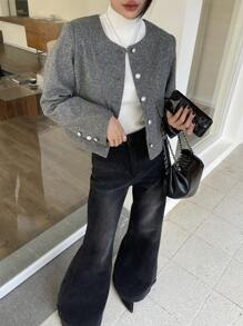 DAZY Women's Elegant Solid Color Single-Breasted Pocket Short Jacket, Suitable For Autumn/Winter,Fall Women Clothes - Grey - View 8