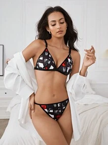 IT x SHEIN Women's Black Printed Bikini Bra And Thong Lingerie Set, Comfortable And Sexy Casual - Black - View 4