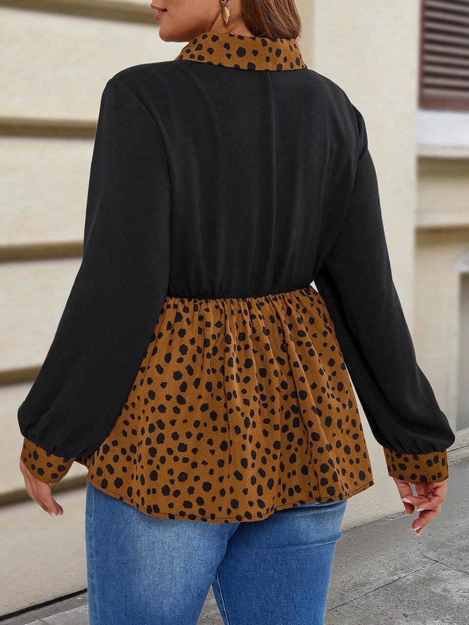 Plus Size Women Casual Everyday Leopard Splicing Ruffle Hem Shirt, Autumn