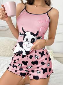 Conjunto de pijama de mujer con diseño de vaca corazón, 2 piezas