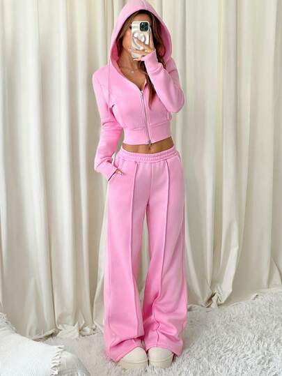 SHEIN EZwear 2 件套春秋休闲纯色抽绳连帽运动衫和运动裤