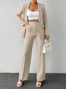 EURMUSE Ladies' Solid Color Stand Collar Blazer And Pants Suit - Beige - View 1