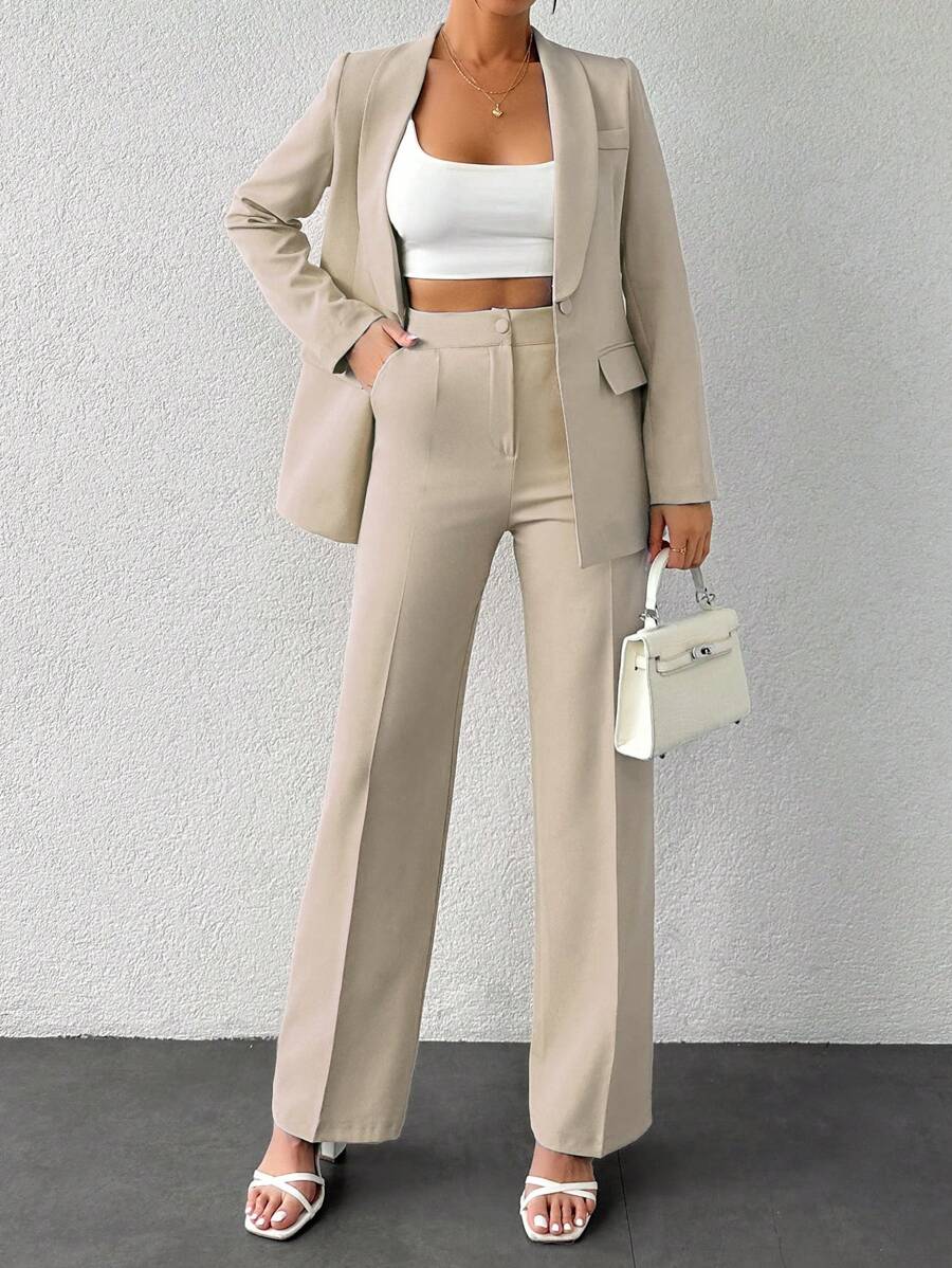 EURMUSE Ladies' Solid Color Stand Collar Blazer And Pants Suit - Beige - View 1