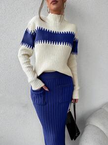 EURMUSE 2 件套女士休闲拼色立领毛衣和纯色迷你裙，适合秋冬季 - 寶藍色 - 查看 5