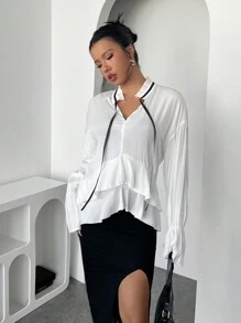 INAWLY Women's Elegant Tie Collar Drop Shoulder Long Sleeve Ruffled Hem Blouse, Spring Autumn Fall Cloth For Women