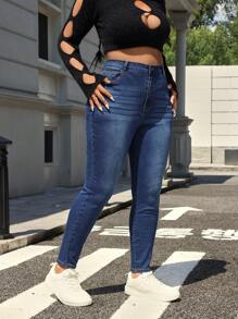 SHEIN EZwear Plus Size Women Casual Washed Skinny Jeans For Everyday Wear, Autumn