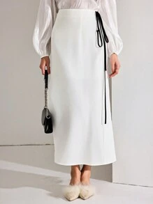 Modelyn 1 pieza Falda elegante blanca de mujer con cintura anudada al costado, adecuada para ir a trabajar - Blanco - Ver 1
