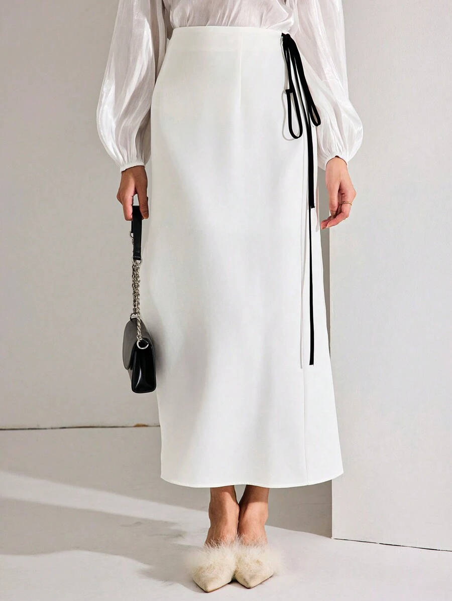 Modelyn 1 pieza Falda elegante blanca de mujer con cintura anudada al costado, adecuada para ir a trabajar - Blanco - Ver 1