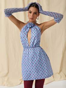 COSMINA Dames Vintage Stijl Polka Dot 3D Bloemen Decor Halter Hals Mini Jurk