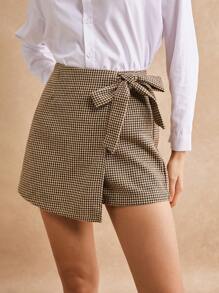 Poéselle 千鸟格印花结饰侧裹式短裙 - 卡其色 - 查看 3