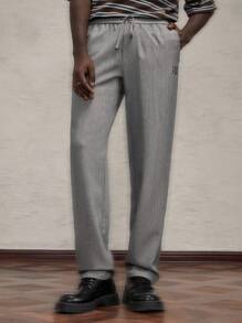 AKNOTIC Business Casual 男士编织字母刺绣长直筒休闲裤，适合日常穿着 - 淺灰色 - 查看 2