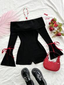 Soleia Women Casual Off Shoulder Flared Sleeve Belted Jumpsuit