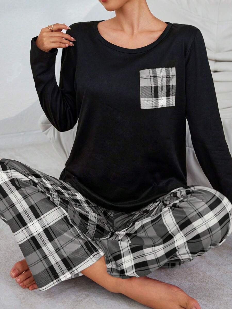 2pcs Women Plaid Print Long Sleeve Sleepwear Pajama Set, Top And Pants, Fall Clothes  Cozy And Elegant Details