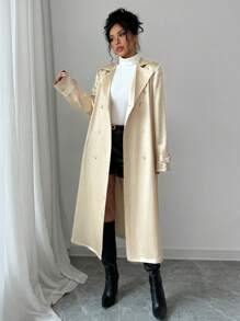 Selianne Lapel Shiny Long Sleeve Cinched Waist Waist Women Trench Coat Fall Cloth For Women - Gold - View 5