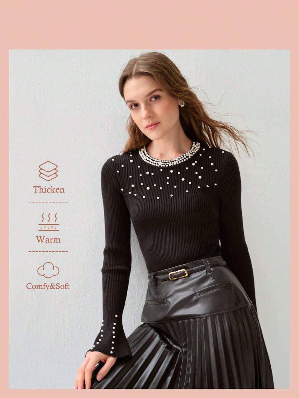 New Fall Women's Clothing, Elegant And Romantic Pearl-Embellished Bell-Sleeved Tight-Fitting Warm Sweater For Autumn And Winter