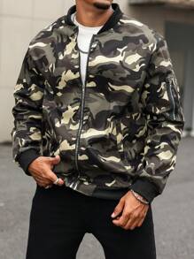 Manfinity LEGND 大码男士前拉链长袖迷彩夹克，带口袋，休闲日常穿着，外出街头穿着迷彩图案夹克，适合朋友、丈夫、男朋友的礼物 - 軍綠色 - 查看 1