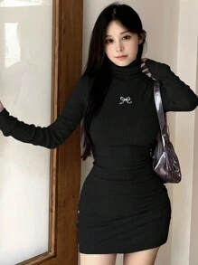 DAZY Váy ngắn mùa tựu trường có họa tiết nơ, dành cho nữ, váy thu, váy dài tay - màu đen - Xem 2