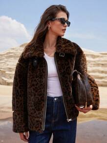 Aveloria Modichic 2024 新款女士水貂仿皮 PU 拼接金属拉链夹克，短款，Raider Color 豹纹，保暖防风 - 棕色 - 查看 1