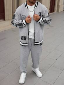 Manfinity Homme Plus Size Men's Letter Print Zip-Up Jacket And Pants Casual Tracksuit, Men 2 Pieces Set, Men Tracksuit Set, Men Outerwear Co Ords, Fall Clothes