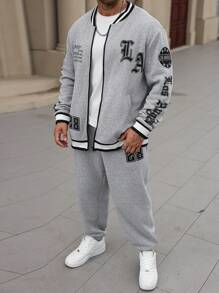 Manfinity Homme Plus Size Men's Letter Print Zip-Up Jacket And Pants Casual Tracksuit, Men 2 Pieces Set, Men Tracksuit Set, Men Outerwear Co Ords, Fall Clothes