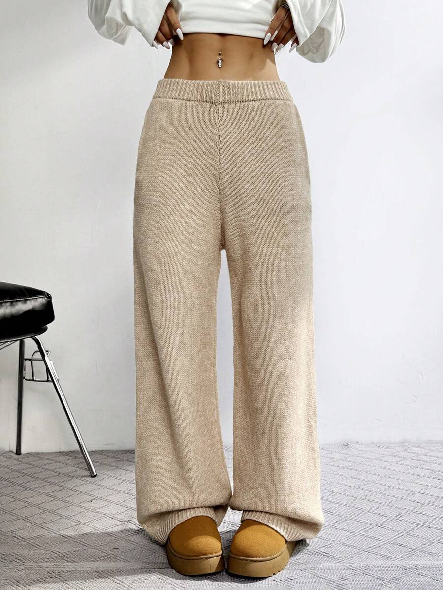 SHEIN EZwear Quần dệt kim ống đứng lưng thun màu trơn cho nữ - Xám - Xem 1