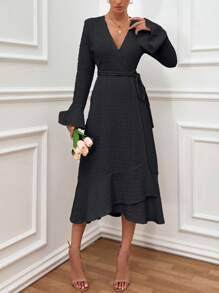 SHEIN Cottnline Elegant Style, Texture Fabric, Belted, Frill Detailed Dress - Black - View 3