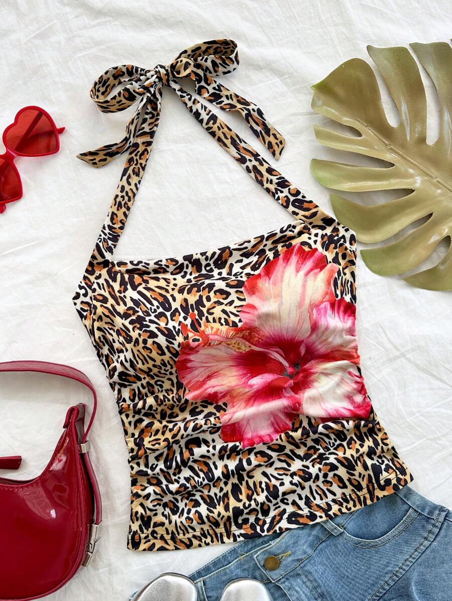 Soleia Women's Leopard & Floral Print Halter Neck Back Tie Tank Top,Beige Summer Boho Vacation Holiday Wear,Hippie Mermaid Top For Party Fall Christmas - Multicolor - View 1
