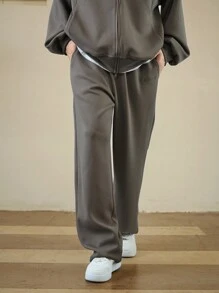 DAZY 男士休闲宽松纯色拉链领长袖夹克和裤子套装，秋季