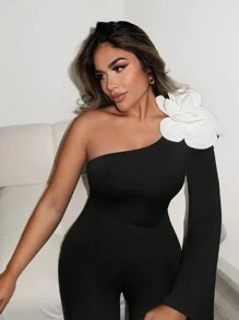 Zolique Mono de mujer para citas, fiestas y uso diario, con hombro sesgado, flor 3D y piernas anchas, en color negro, para otoño/invierno - Negro - Ver 3