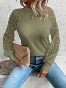 SHEIN Clasi 女式纯色圆领蕾丝拼接插肩长袖休闲衬衫，秋季