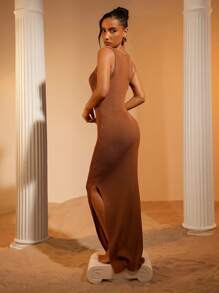 Hauture CREW NECK SLEEVELESS  SEMI SHEER MAXI  KNIT DRESS - Coffee Brown - View 6