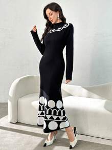 Modelyn Vestido ajustado de manga larga con bloque de color elegante y casual para mujer, otoño/invierno