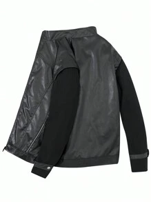 Manfinity Homme 1 件男士纯色前拉链长袖休闲夹克，日常穿着 - 黑色 - 查看 1