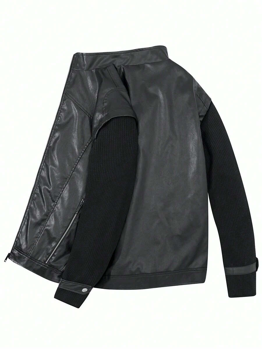 Manfinity Homme 1 件男士纯色前拉链长袖休闲夹克，日常穿着 - 黑色 - 查看 1