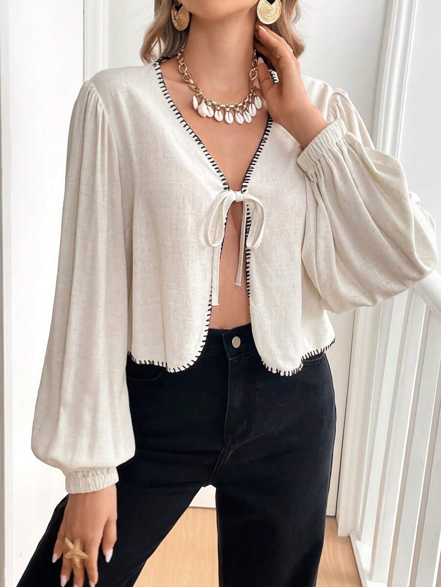 SHEIN Frenchy 女士春秋季休闲露肩抽绳灯笼袖短款衬衫，感恩节外出上衣，优雅长袖亚麻衬衫，休闲女式上衣，冬季白色 - 白色 - 查看 1