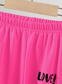 Young Girl Casual Cute Girl Pattern & Letter Hoodie With Sweatpants 2 Pieces Set - Hot Pink - View 3